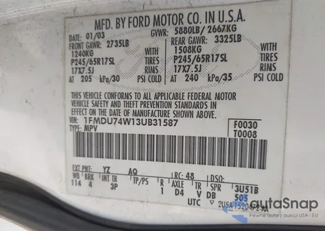 2003 Ford Explorer Eddie Bauer from USA, damaged, VIN 1FMDU74W13UB31587